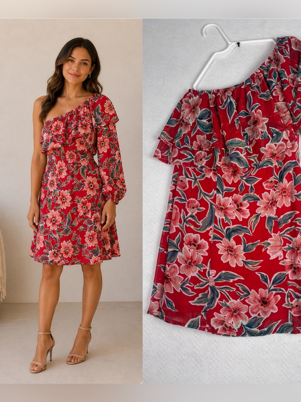 Show Me Your Mumu Floral One Shoulder Dress Small Pink Red Mini Dress Wedding